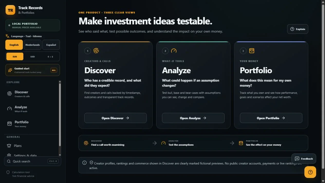 Track Records & Portfolios product home showing Discover, Analyze, and Portfolio as three product areas in a real local build.