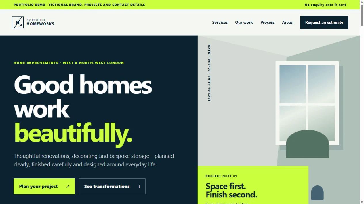 Northline Homeworks fictional portfolio-demo homepage with a visible portfolio-demo notice and home-improvement headline.