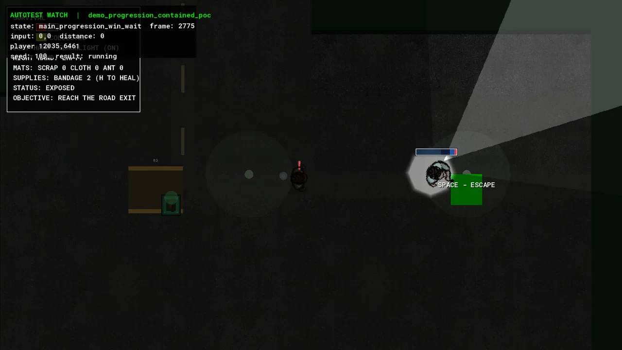 Automated playtest capture from The Changed showing a dark outdoor top-down area, player HUD, light cone, enemy encounter, and AUTOTEST watch overlay.